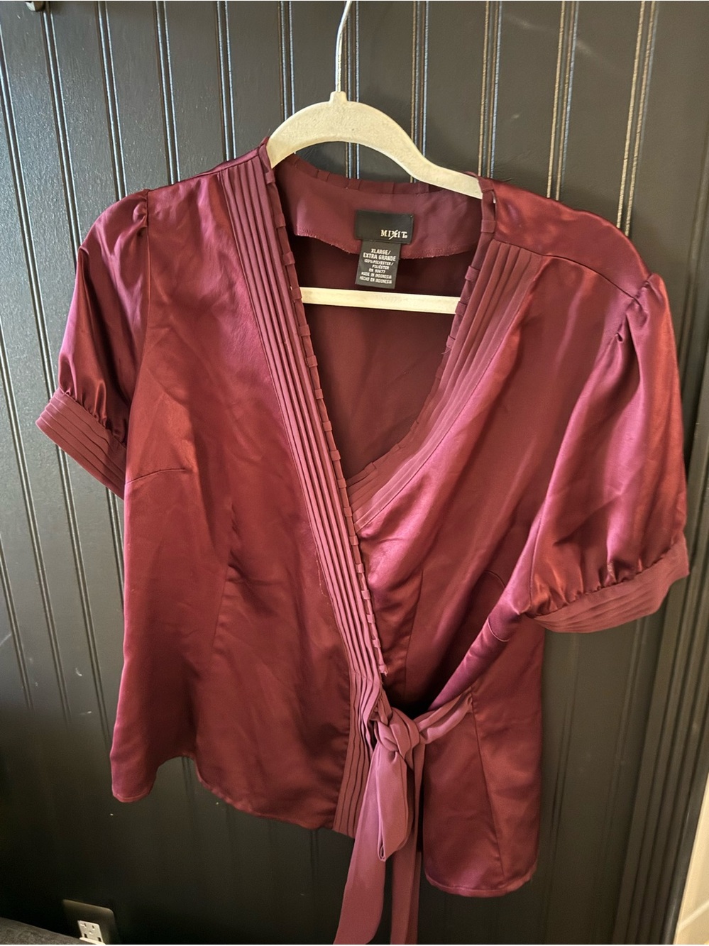 Max Studio Deep Wine Wrap Satin Blouse with Pleated Trim